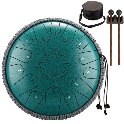 Konrisa Steel Tongue Drum 13 Pulgadas 15 Notas Do Mayor, Instrumentos Musicales de Percusion de Tambor de Acero Meditacion Yoga Zen Drum, Tambores Mano Pan para Adultos con Mazos de Tambor y Bolsa de Transporte (Verde)