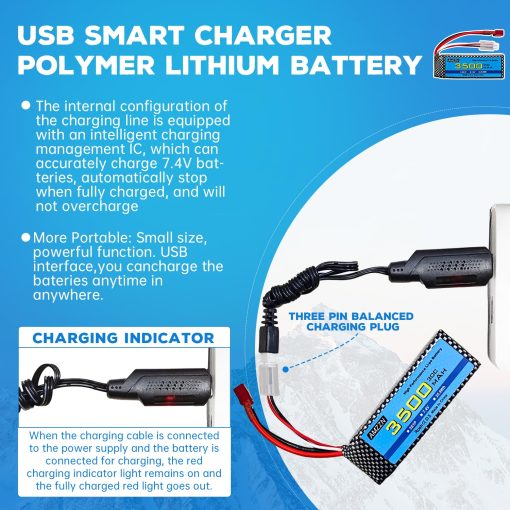 Paquete de 2 Baterias Lipo de 7.4V 3500mAh 30C con T-Plug y Cargador USB para MJX H16 H16P H16E H16GT H16BM H16DR H16PL 14301 Coche RC de Alta Velocidad Modelo de Coche de Drift Upgrade Battery (2 Baterias + 2 USB) - Imagen 4