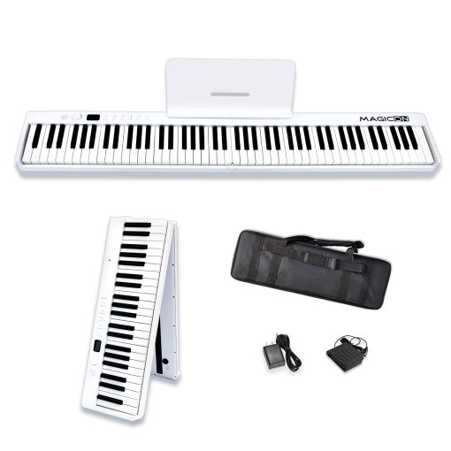 Piano Electronico Plegable MAGICON BX20S de 88 Teclas, Tamano Completo Teclas Semipesadas Piano Portatil, Teclas Sensibles, Soporta USB/MIDI, Bluetooth Inalambrico, Altavoces, Pedal, Bolso de Mano, para Principiantes (Blanco+)