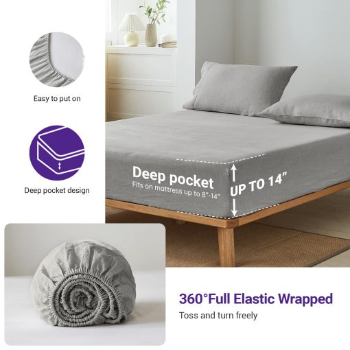 Juego de Sabanas 100% Lino Belga Simple&Opulence con Ribete Hecho a Mano Gris Claro Tamano Queen - 4 Piezas (1 Sabana Plana 1 Sabana Ajustable 2 Fundas de Almohada) - Ropa de Cama de Estilo Granja de Lino Natural - Imagen 4