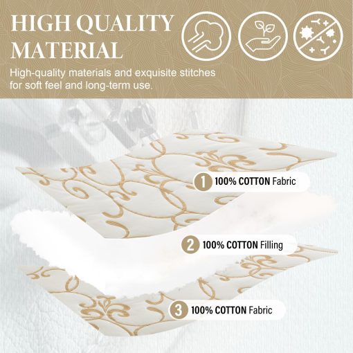 SahSahCasa 100% Algodon 128"x120" Colcha Edredon Juego de Cobertor California King XL, Colcha Cal King XL Grande Acolchada, Colcha de Cama Bordada Ligera, Beige/Blanco - Imagen 4