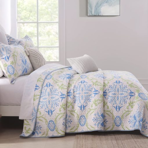 Colcha Queen Size SahSahCasa, 100% Algodon Colcha Floral Queen, Juego de Colcha Queen Edredones, Colchas Reversibles Ligeras para Cama Queen, para Todas las Estaciones, Azul/Verde, 3 Piezas - Imagen 3
