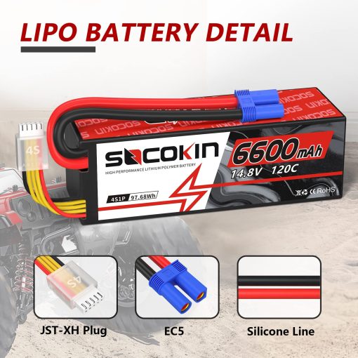 Bateria Lipo Socokin 6600mAh 14.8V 120C con Conector EC5 Estuche Duro para Coche RC Camion Tanque Buggy Truggy Modelo RC Racing Hobby (Paquete de 2) - Imagen 2