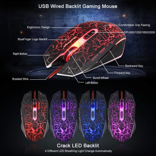 Combo de Teclado y Mouse para Juegos con Retroiluminacion BlueFinger, Teclado y Mouse Retroiluminados con Cable USB, Teclado Multimedia con 3 Colores de LED, Mouse para Juegos y Trabajo - Imagen 6
