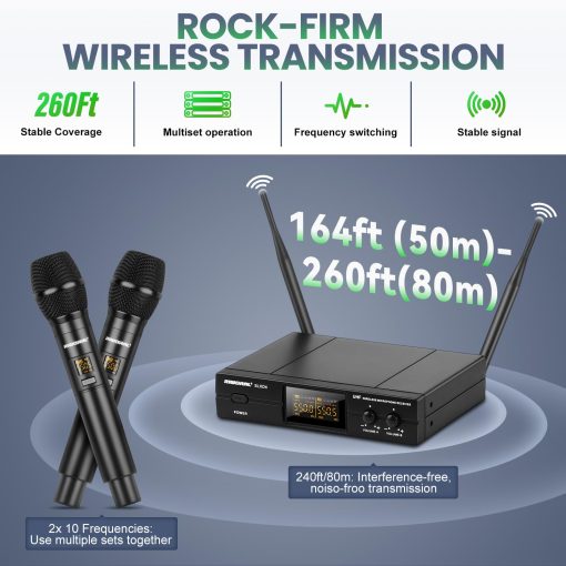 Sistema de Microfono Inalambrico de Doble UHF con Microfono Dinamico de Mano Set de Microfono sin Cable Rango de Trabajo 180ft con Conector XLR y Jack de 1/4 de Pulgada para Iglesia Maquina de Karaoke Discurso Fiesta de Bodas Canto - Imagen 3