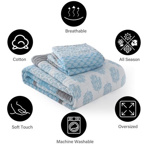 Juego de Colcha PANGUSHAN tamaño Queen, Juego de Cama de Algodon 100%, Colcha Reversible de Patchwork Floral para Cama Queen, Colcha Ligera en Azul Claro/Gris, Edredon Ligero para Todas las Estaciones, 3 Piezas - Imagen 5