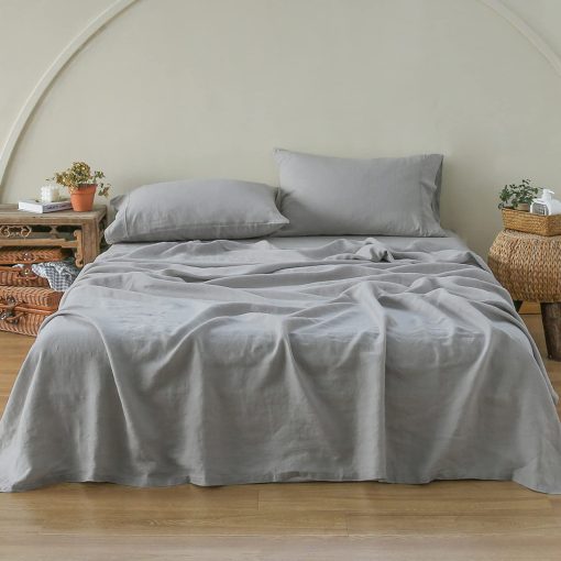 Juego de sabanas de lino Simple&Opulence 100% con bordado lavado - 4 piezas (1 sabana plana y 1 sabana ajustable y 2 fundas de almohada) natural lino suave ropa de cama transpirable acogedora de estilo campestre - Gris claro, tamano Queen - Imagen 7