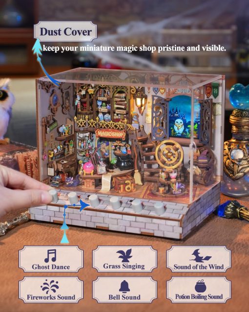 Kit de Casa en Miniatura DIY Tonecheer, Kit de Casa de Munecas de Madera con Ruido Blanco, Juego de Construccion de Casa de Diorama Pequena con Pantalla Electronica para Adultos (Tienda de Magia) - Imagen 4