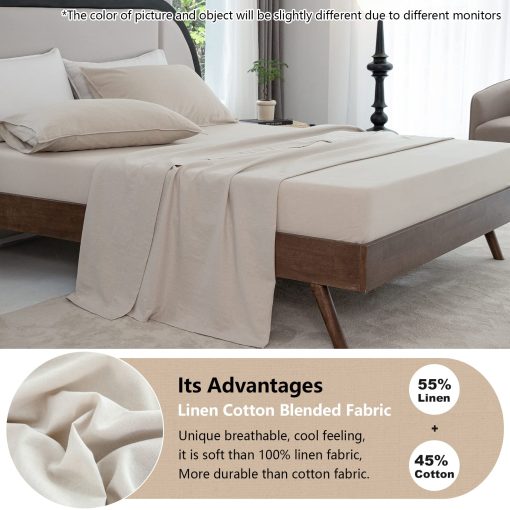 Juego de sabanas de lino y algodon para cama Queen, 4 piezas, set de sabanas de lino y algodon transpirable para tamaño Queen, sabanas de lino y algodon para todas las estaciones - Bolsillos profundos, ajuste facil (Queen, Beige) - Imagen 3