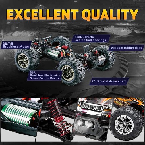 Coche Monster Truck RC de alta velocidad FMTStore FMT Brushless 52km/h 1:16 Control Remoto Todo Terreno 4WD Resistente a los Golpes Impermeable RTR Hobby Cars (Azul) - Imagen 3