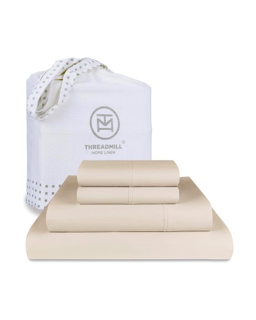 Juego de sabanas de lujo Threadmill de algodon Supima, sabanas de 1200 hilos de algodon 100% suaves para cama King, juego de sabanas King beige de 4 piezas, calidad de hotel de 5 estrellas con sabanas King de bolsillo profundo elasticizado