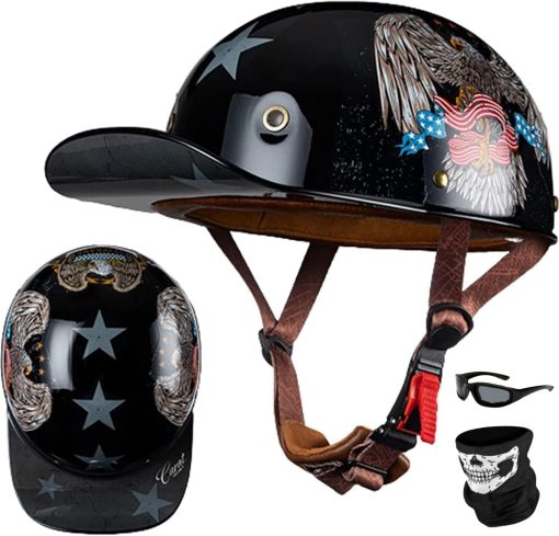 Casco de beisbol para motocicleta media casco, casco abierto aprobado por DOT Casco estilo aleman Capucha de calavera Casco motocicleta Cruiser Scooter Casco fresco para hombres y mujeres Casco de motocicleta (X-Large,B)