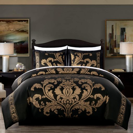 Chezmoi Collection Valor 7-Piece Bed in a Bag Queen, Negro/Oro Juego de Cama de Jacquard Floral de Lujo con Sabanas para Todas las Estaciones