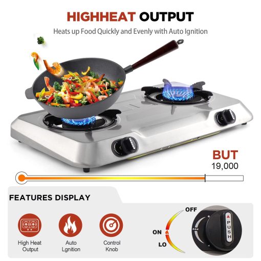 Cocina de gas propano con 2 quemadores, estufa de gas portatil de acero inoxidable con encendido automatico para acampar, doble gas LP para RV, apartamento, exterior - Imagen 3