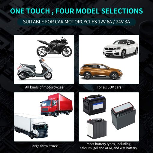 Cargador de bateria y mantenedor de carros Shentec 12V 6A / 24V 3A, Inteligente Display LCD de 7 etapas para Automoviles, Motocicletas, Baterias de Plomo-acido - Imagen 6