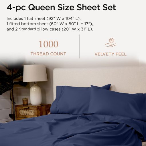 Juego de Sabanas de Algodon Supima Threadmill Queen, 1000 Hilos, 4 Piezas para Colchon Queen, Sabanas de Cama de Lujo, Tela Satinada de Calidad de Hotel con Bolsillo Elastico Profundo, Azul Folkstone - Imagen 2