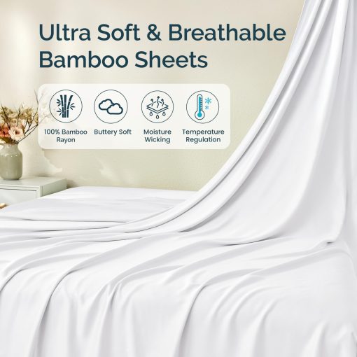Juego de sabanas tamano Split King de GOKOTTA, 5 piezas, 100% rayon derivado del bambu, enfriamiento para los que duermen calientes - Sabanas suaves y transpirables, sabana bajera profunda de 16" con correas elasticas en las esquinas, blanco brillante - Imagen 2