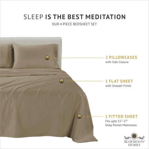 Juego de Sabanas Bluemoon Homes King Size 100% Algodon Egipcio Extra Profundo - Sabanas King Size de 1000 Hilos, Juego de 4 Piezas de Sabanas King Size, Para Colchones de Hasta 18", Ropa de Cama de Lujo, Taupe - Imagen 3