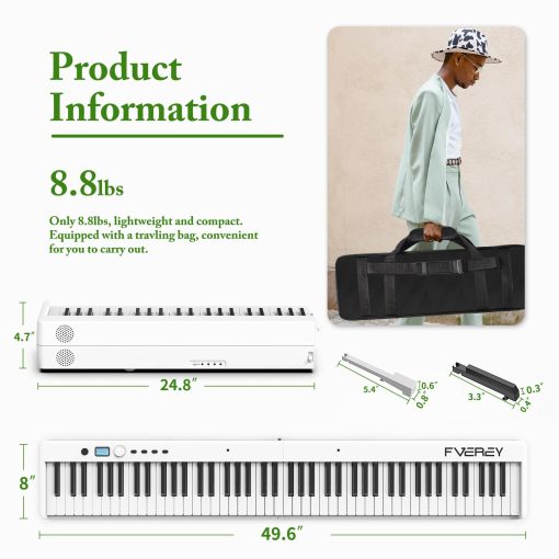 Teclado de Piano Plegable de 88 Teclas FVEREY, Teclado Semipesado de Tamaño Completo, Piano Portatil de Viaje, Soporte MIDI Bluetooth Piano Electrico para Principiantes Adultos, Blanco - Imagen 4