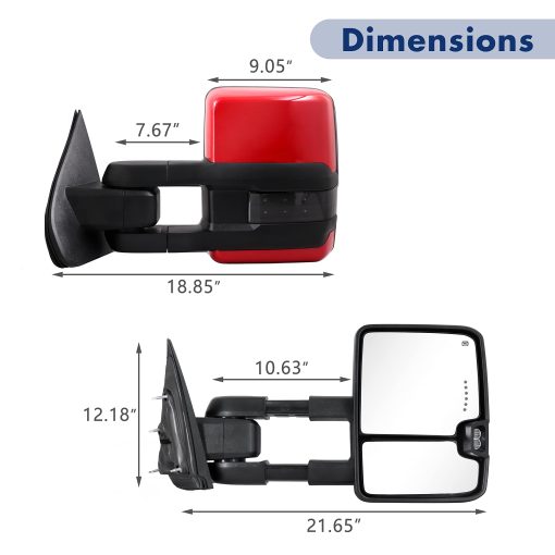 Espejo de remolque para Silverado Sierra - Compatible con 2014-2018 Chevy Silverado GMC Sierra 1500 2500 HD 3500 HD con vidrio calefactado ajustable por energia, luces de señal de giro y luz trasera (Pintado rojo) - Imagen 3