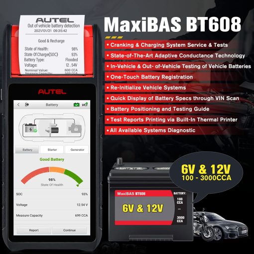 Autel MaxiBAS BT608 con Impresora, Probador de Carga de Bateria 100-3000 CCA, Probador de Sistema de Arranque y Carga, 2024 Actualizado de BT508 BT506, Diagnostico Completo como MX900 MK808BT PRO MK808S, Conductancia Adaptativa - Imagen 2