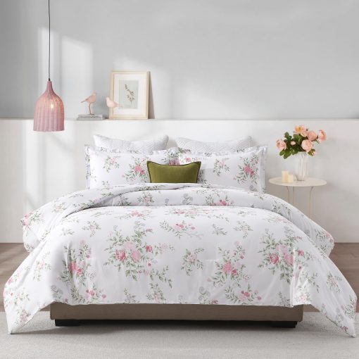 Set de edredon Floral Queen FineStichery - Juego de cama de edredones tamano queen de algodon mullido, juegos de ropa de cama suaves y ligeros, juego de cama acolchado de 3 piezas con fundas de almohada, blanco/rosa - Imagen 3