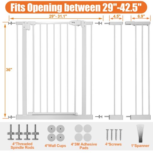 Puerta extra alta Keny de 36" para bebes en escaleras, Puerta para perros de 29"-42.5" de ancho con cierre automatico, Puerta de mascota de facil acceso montada a presion para puertas, Puerta de seguridad duradera para escaleras, Blanco - Imagen 6
