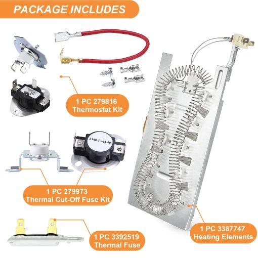 Repuesto de Elemento Calefactor para Secadora 3387747 Reemplaza PS11741416 WP3387747VP WP3387747 80003 AP6008281 525502 EAP11741416 (5400Watt 240 Volt), con Kit de Fusible Termico y Termostato 3392519 279816 279973 - Imagen 5