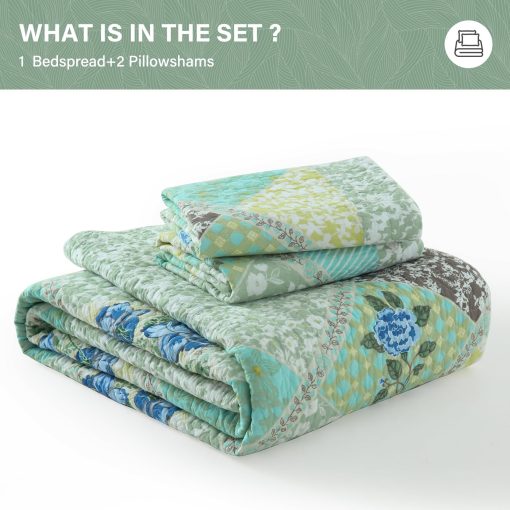 SahSahCasa 100% Algodon 120"x120" Colcha California King Extragrande, Juego de Cubrecama Acolchado Cal King, Colcha XL de Cama Estampada Ligera, 3 Piezas, Verde/Azul - Imagen 7