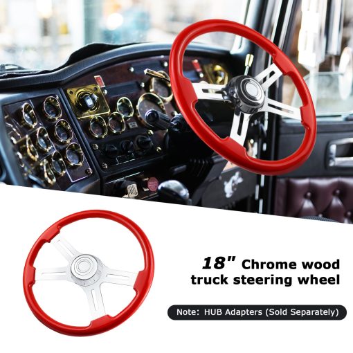 Volante de direccion de madera maciza de 18" lacado camion 4 radios de aluminio cromado volante para semi-remolques, camiones Kenworth, Peterbilt, Volvo, Freightliner (rojo) - Imagen 4