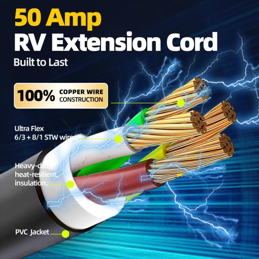 Cable de extension para RV/EV de 30 pies y 50 amperios para exteriores con mango de agarre, cable de alimentacion RV flexible de 4 clavijas de alta resistencia calibre 6/3+8/1 STW resistente al agua, NEMA 14-50P a 14-50R, UL Listed - Cabeza Amarilla - Imagen 6