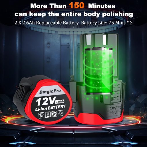 Pulidora de Coche Inalambrica, Kit de Pulido de Coche Portatil con 2 Baterias Recargables de 2600mAh, 20 Accesorios Extras con Caja de Herramientas Impermeable, 6 Velocidades Variables para Detallado de Coches - Imagen 3