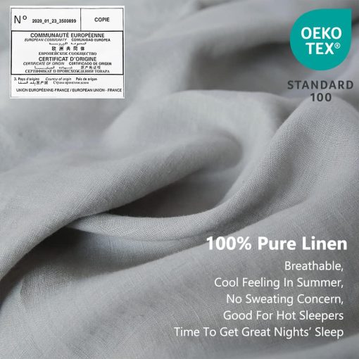 Juego de sabanas de lino Simple&Opulence 100% con bordado lavado - 4 piezas (1 sabana plana y 1 sabana ajustable y 2 fundas de almohada) natural lino suave ropa de cama transpirable acogedora de estilo campestre - Gris claro, tamano Queen - Imagen 2
