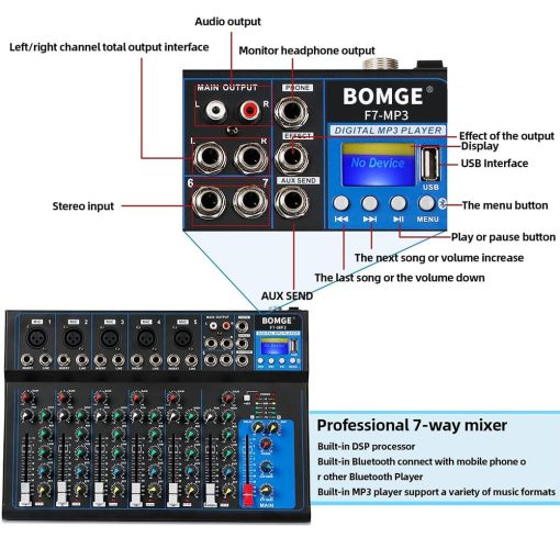 Mezclador de Audio Portatil Bluetooth BOMGE K7 con Consola de Mezcla de Sonido USB MP3 Estereo 48V para Grabacion de PC, Mezcladoras de 4/7 Canales para Estudio de DJ (7 Canales) - Imagen 6