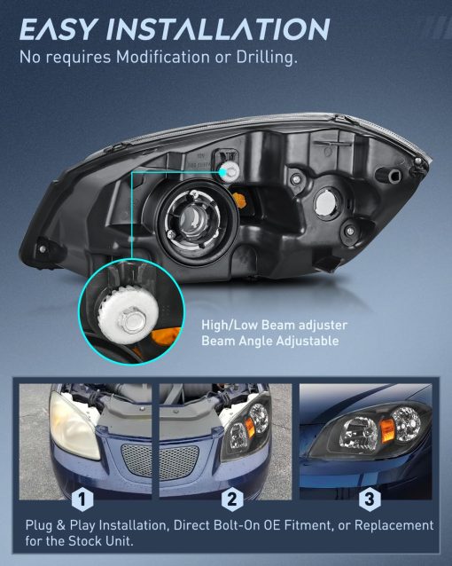 Ensamblaje de faros Nilight para Chevy Cobalt 2005-2010 Pontiac Pickup 2005-2009 Faro de Repuesto Negro con Reflector ambar Lado del Conductor y del Pasajero, Garantia de 2 Años - Imagen 7