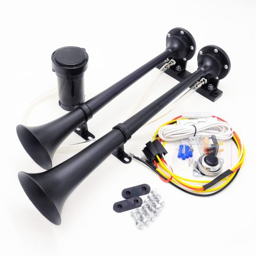Viping Claxon de Aire Negro 165DB Trompeta de Barco Claxon Electrico 45cm Tono Alto y Bajo Claxon Doble Tubo de Zinc Cromado Compresor Super Fuerte Parlante de Coche Claxon para Barco Coche Yate RV de 12V, etc. - Imagen 6