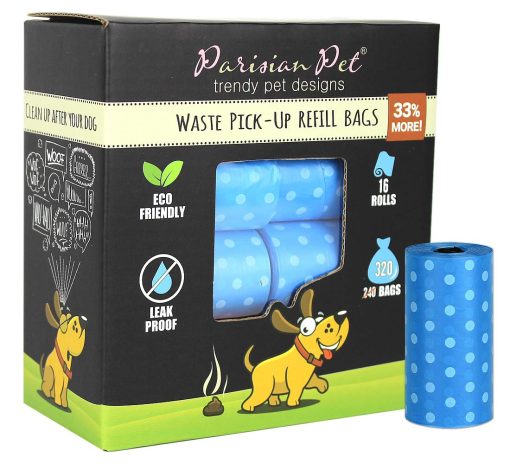Parisian Pet Bolsas de Desechos Ecologicas para Perros - 320 Bolsas Sin Perfume para Perros - A Prueba de Fugas, Extra Gruesas, 16 Rollos de Recarga de Bolsas para Excremento de Perro - Bolsas para Perros de Lunares Azul - Compatible con Todos los Dispensadores