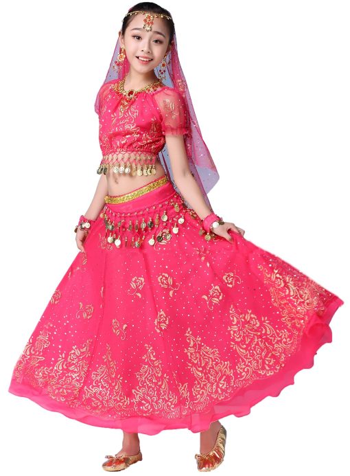 Conjunto de Disfraz de Danza del Vientre ORIDOOR para Ninas Traje de Vestido Plisado para Halloween, Traje de Actuacion India de 5 Piezas de 5-7 Anos A-Rosa