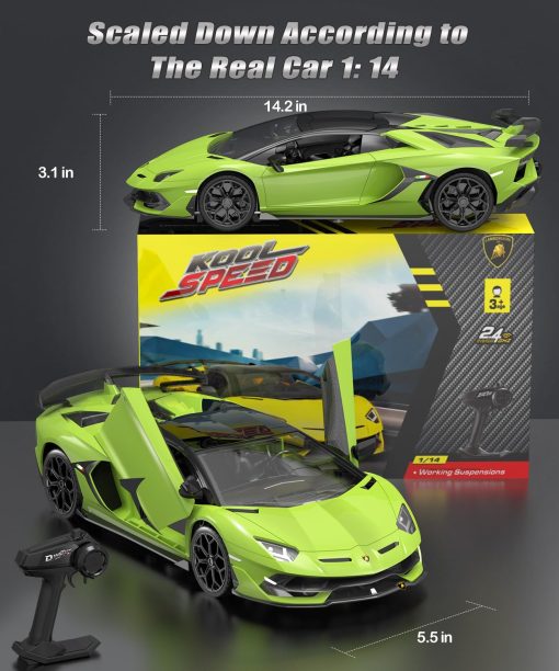 Carro de Control Remoto Lamborghini AEROQUEST, Modelo Oficial con Licencia 1:14 Lamborghini RC Car 7.4V 500mAh, Coche de Juguete Rapido a 15 km/h para Adultos Ninos Ninas, Idea de Regalo de Cumpleanos, Verde - Imagen 6