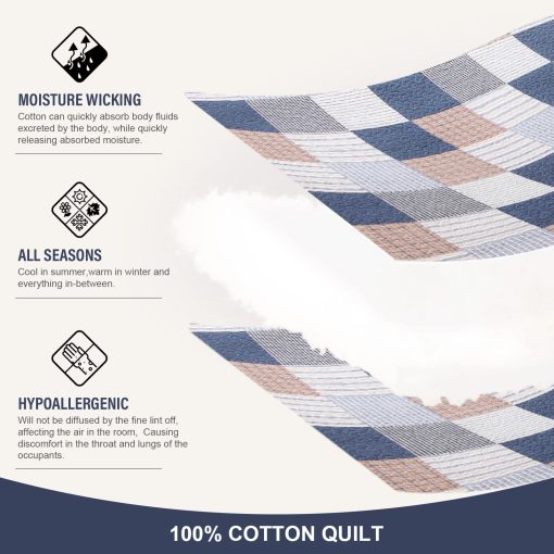 Juego de Edredon Queen Y-PLWOMEN, Edredon Queen de Algodon 100%, Edredon de Cuadros Queen Navy Brown White, Edredon Reversible Suave Queen Tamaño para Todas las Estaciones, 3 Piezas - Imagen 4
