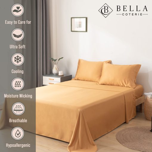 Juego de sabanas de lujo Bella Coterie para cama Queen | Organicamente cultivadas | Ultra suaves | Ideales para dormir en calor | Bolsillo profundo de 18" | Viscosa hecha de bambu [Marigold] - Imagen 2