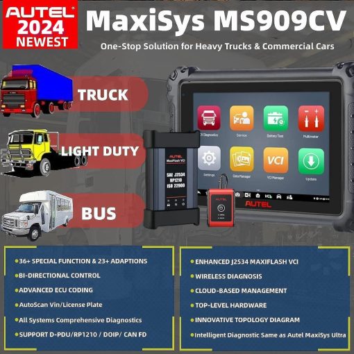 Autel MaxiSys MS909CV 2024 Escaner de Camiones Pesados Top para Autos Comerciales Semi, Actualizacion de MS908CV con Diagnostico Inteligente, 48+ Servicios Reprogramacion de ECU J2534 y Codificacion Prueba Activa Topologia 2.0 - Imagen 2