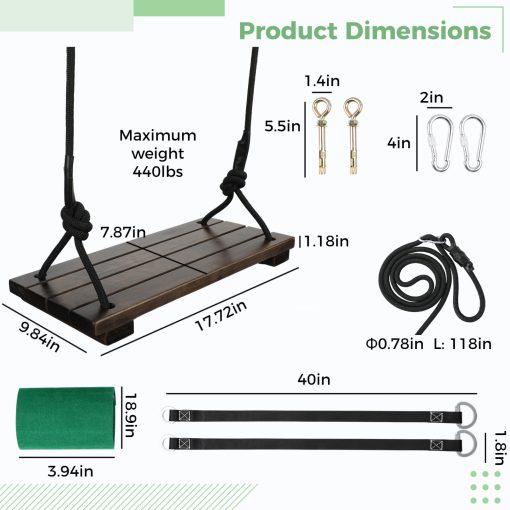Columpio de arbol de Madera, Capacidad de Carga de 500 lbs Columpio de Madera para Adultos y Ninos, Altura Ajustable, Asiento de Columpio Colgante Impermeable para Interior, Exterior, Patio Trasero, Jardin, Parque Infantil (Columpio Recto Chocolate) - Imagen 6