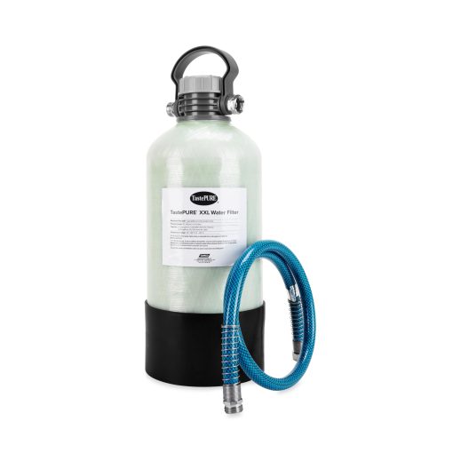 Filtro de Agua para Casa Rodante/ RV Camco TastePURE XXL - Previene el Crecimiento de Bacterias y Reduce el Mal Sabor, Olor y Mas - Ofrece Filtracion de Agua a Largo Plazo con GAC y KDF - Incluye Manguera de Agua Potable para RV de 4' (40015)