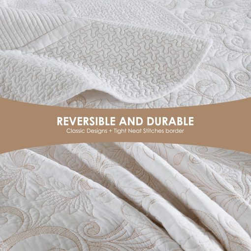 Colcha extragrande QuiltEase para cama King - 120" L x 120" W Extra Wide - Juego de colchas bordadas 100% algodon ligero - Colcha reversible California King - 3 Piezas - Blanco - Imagen 7