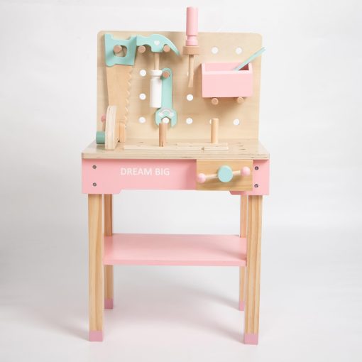 Banco de trabajo de madera Hopscotch Squad con juego de herramientas y accesorios para construir pretendiendo ser un pequeno constructor, juego de construccion Montessori, con martillo, sierra, llave inglesa, destornillador, tornillo de banco de juguete, version rosa - Imagen 7