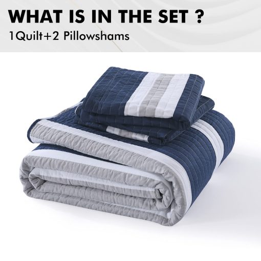 Edredon Queen Size a rayas azul marino PERHOM, Edredon Queen de algodon 100% con 2 fundas, Colchas/Colcha/Conjunto de ropa de cama Queen ligero para todas las estaciones, 3 piezas - Imagen 6