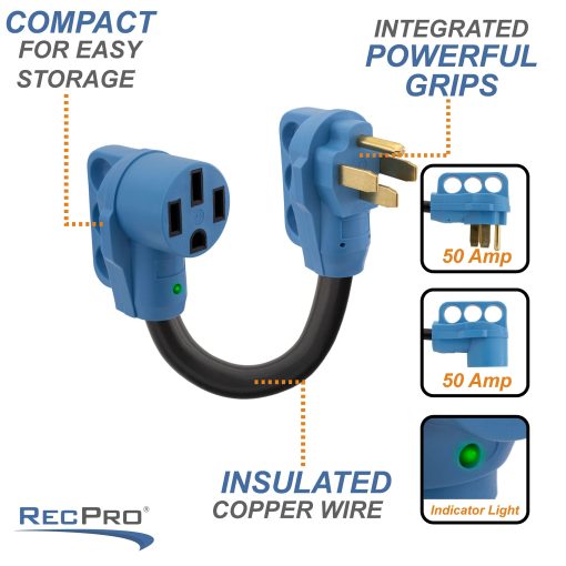 Adaptador de perro de 50 amperios a 50 amperios RecPro RV | Adaptador de energia en tierra | 50A macho a 50A hembra - Imagen 4