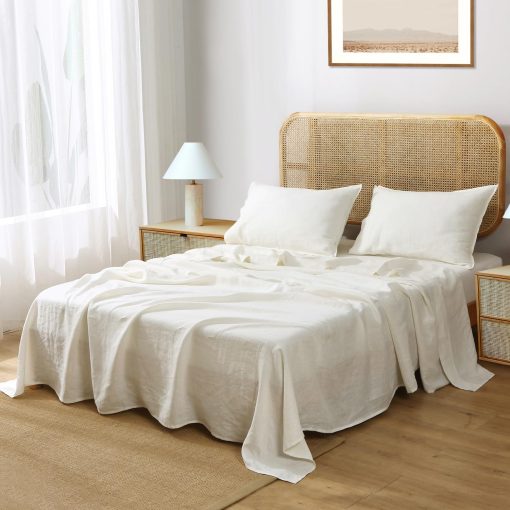 Juego de Sabanas de Lino Frances 100% Organico S VICTORY SYMBOL, Certificado GOTS, Juego de Sabanas de Lino Natural Ultra Suave Lavado a la Piedra (Crema-Blanco, Queen) - Imagen 3