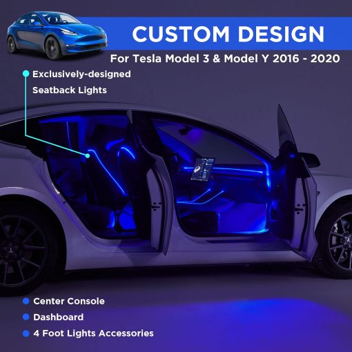 Luces de Neon para Interior de Automovil Nestour 2016-2020 Tesla Model 3 Y (Consola Central + Tablero + Respaldo del Asiento + 4 Luces de 4 Pies) con Organizador de Reposabrazos a Juego, Iluminacion Ambiental Tesla, Luces de Tira LED Controladas por APP - Imagen 4